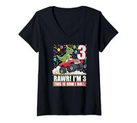 Womens Rawr I’m 3 Dinosaur Monster Truck Birthday Bash V-Neck T-Shirt