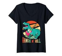Women's Rawrk N' Roll T-Rex Dinosaur Guitar Player Guitarist V-Neck T-Shirt