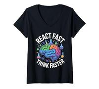 Women's React Fast Think Faster Science Brain Design V-Neck T-Shirt