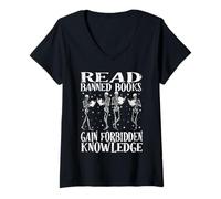 Women's Read Banned Book Lover Skeleton Reading Librarian Halloween V-Neck T-Shirt