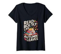 Womens Read Boldly Like Autumn Leaves Book Stack Fall Scene V-Neck T-Shirt