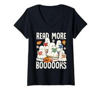 Womens Read More Booooks Cute Ghost Reading Halloween V-Neck T-Shirt
