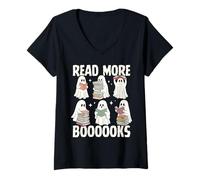 Womens Read More Booooks Cute Ghost Reading Halloween V-Neck T-Shirt