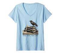 Women's Read More Care Less Raven Crow Gothic Book Lover V-Neck T-Shirt