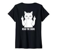 Women's Read The Signs Shadow Funny Saying Cat (ON Back) V-Neck T-Shirt
