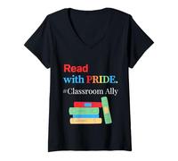 Womens Read With Pride Classroom Ally Teacher LGBTQ Reading Stack V-Neck T-Shirt