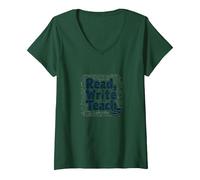 Women's Read, Write, Teach: Inspiring Educators and Book Lovers V-Neck T-Shirt, Dark Green, XX-Large