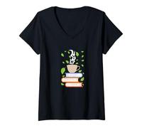 Women's Reading Books and Drinking Tea V-Neck T-Shirt