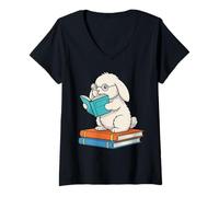 Womens Reading Bunny Bookworm Rabbit with Glasses Books Reader V-Neck T-Shirt
