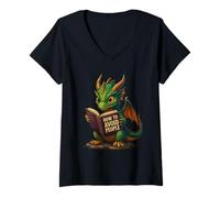 Womens Reading Funny Book Dragon How to Avoid People V-Neck T-Shirt