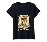 Womens Reading in a sea of Fur V-Neck T-Shirt