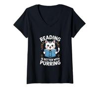 Womens Reading is Better with Purring Cat V-Neck T-Shirt