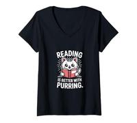 Womens Reading is Better with Purring Cat V-Neck T-Shirt