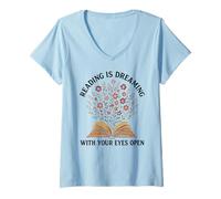 Womens Reading Is Dreaming Book Flowers Vintage Retro Librarian Fun V-Neck T-Shirt