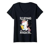 Women's Reading is Magical Cute Book Lovers Nerds Unicorn Librarians V-Neck T-Shirt