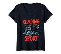 Women's Reading is My Favorite Sport Cute Book Lover Cat Doodle V-Neck T-Shirt