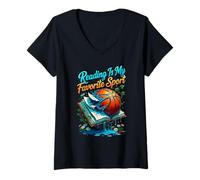 Women's Reading is My Favorite Sport Funny Cute Animals Reader V-Neck T-Shirt