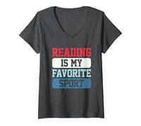 Women's Reading is My Favorite Sport V-Neck T-Shirt, Dark Heather Grey, X-Large