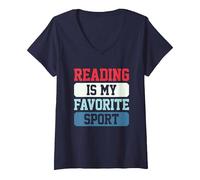 Women's Reading is My Favorite Sport V-Neck T-Shirt, Navy Blue, Small