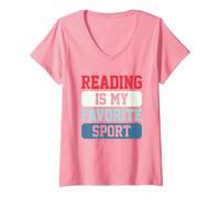 Women's Reading is My Favorite Sport V-Neck T-Shirt, Pink, Medium