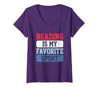Women's Reading is My Favorite Sport V-Neck T-Shirt, Purple, Medium