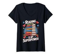 Womens Reading is My Superpower Stack of Books Book Lover V-Neck T-Shirt