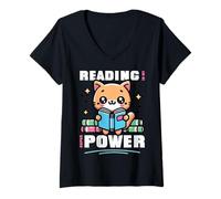 Womens Reading is my superpower. Sweet cat and books. V-Neck T-Shirt