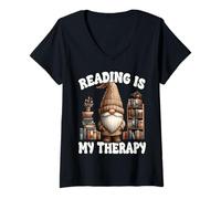 Womens Reading is My Therapy Librarian Book Gnome for Retired Life V-Neck T-Shirt