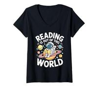 Women's Reading is Out of This World Astronaut Planet Book Lover V-Neck T-Shirt