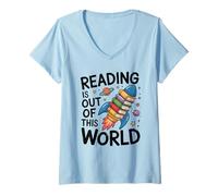 Women's Reading is Out of This World Book Rocket Space Teacher V-Neck T-Shirt