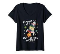 Women's Reading is Out of This World Book Rocket Space Teacher V-Neck T-Shirt