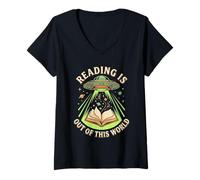 Women's Reading is Out of This World UFO Alien Space Book Meme V-Neck T-Shirt