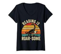 Women's Reading is Roarsome Brachiosaurus Dinosaur Book V-Neck T-Shirt