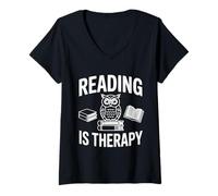 Womens Reading is Therapy Owl Books Library Researcher V-Neck T-Shirt