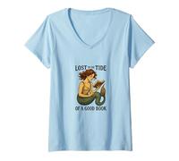 Womens Reading Mermaid Lost in the Tide of a Good Book Ocean V-Neck T-Shirt
