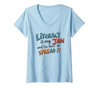 Womens Reading Teacher | Literacy Is My Jam & Im Here To Spread It V-Neck T-Shirt