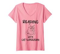 Womens Reading with Cat Supervision Humor Cats V-Neck T-Shirt