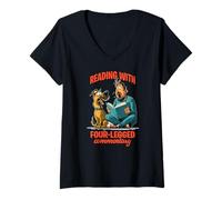 Womens Reading with Four-Legged Commentary V-Neck T-Shirt
