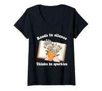 Womens Reads In Silence Thinks In Sparkles Book Lover Bookworm V-Neck T-Shirt