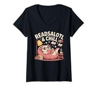 Womens Readsalotl & Chill Cozy Axolotl Reading V-Neck T-Shirt