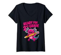 Women's Ready for 2nd Grade Pink Axolotl Back to School Teacher Kids V-Neck T-Shirt