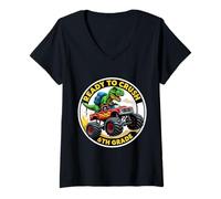 Womens Ready To Crush 6th Grade T-rex Dino Monster Truck School V-Neck T-Shirt