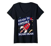 Womens Ready to Explore Second Grade Space 1st Day School Boys 2nd V-Neck T-Shirt