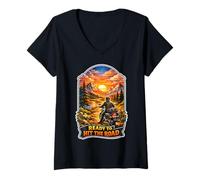 Women's Ready to Hit The Road Mountain Sunset Motorcycle Rider V-Neck T-Shirt