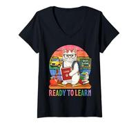 Women's Ready to Learn Turkish Van Cat Funny Back to School Student V-Neck T-Shirt