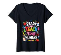 Women's Ready to Teach Tiny Humans Kindergarten Teacher Design V-Neck T-Shirt