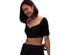 Women's Readymade Banglori Silk Blouse For Sarees || Indian Bollywood Padded Stitched Choli Crop Top, Black 2, Large