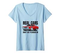 Womens Real Cars Don't Get Plugged in Funny Muscle Car Cartoon V-Neck T-Shirt