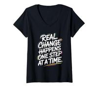 Women's Real Change Happens One Step at A Time - Motivational Quote V-Neck T-Shirt