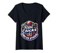Womens Real Chicks Drive Sticks Manual Car Woman Driver |- V-Neck T-Shirt